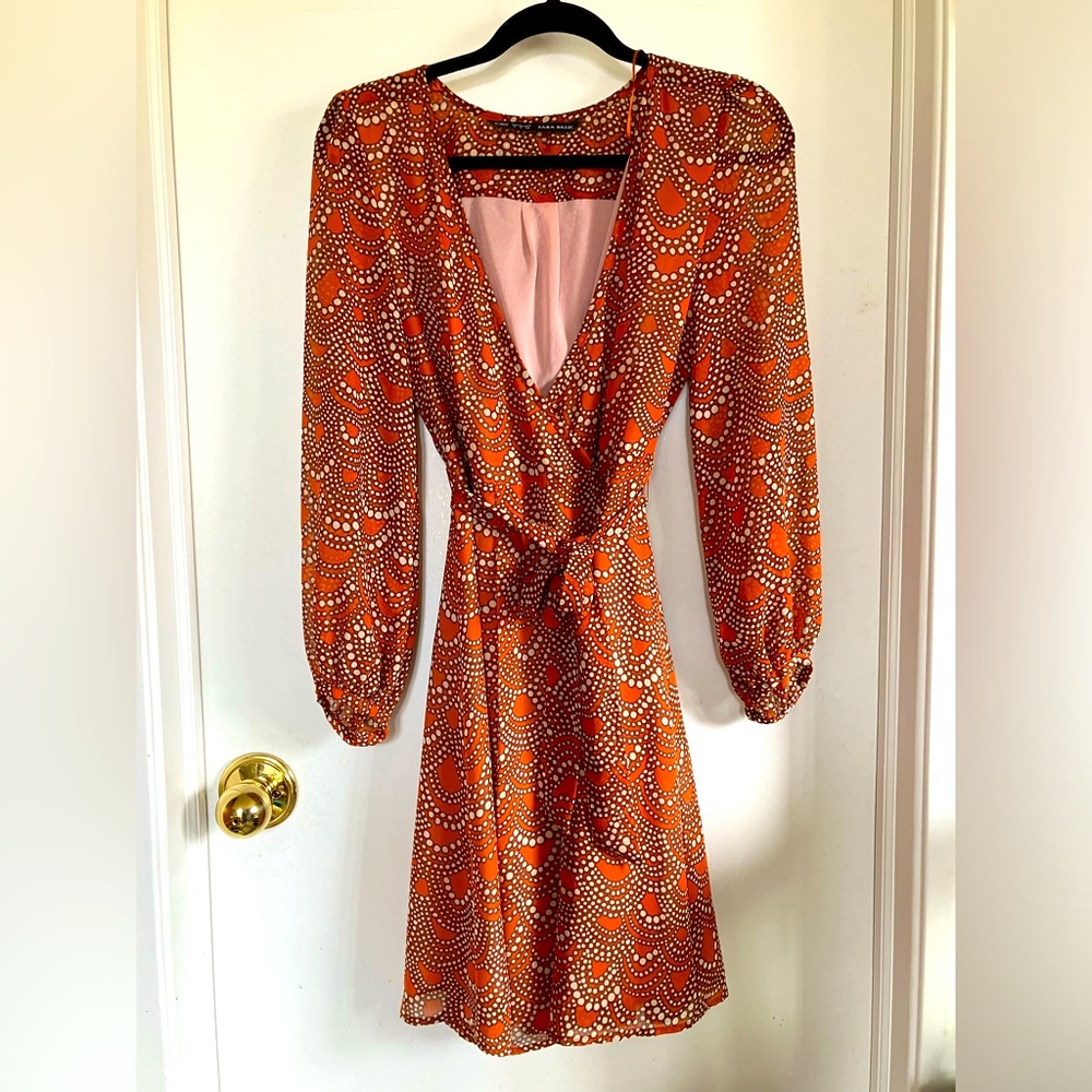 Zara Orange Printed Long-Sleeve Wrap Dress